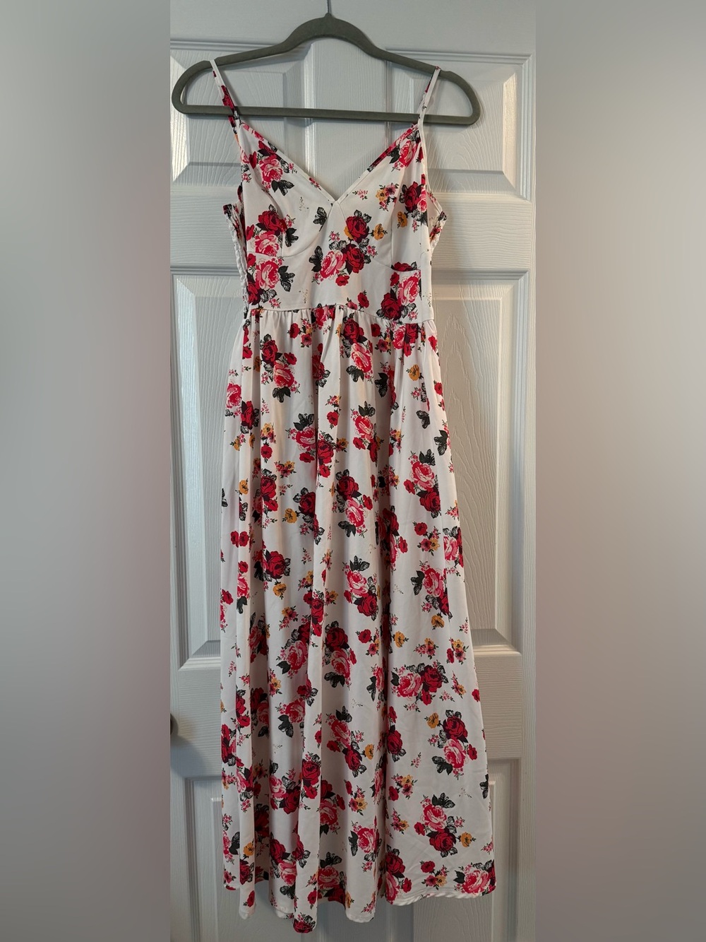 SHEIN White Maxi Dress with Red & Pink Rose Print